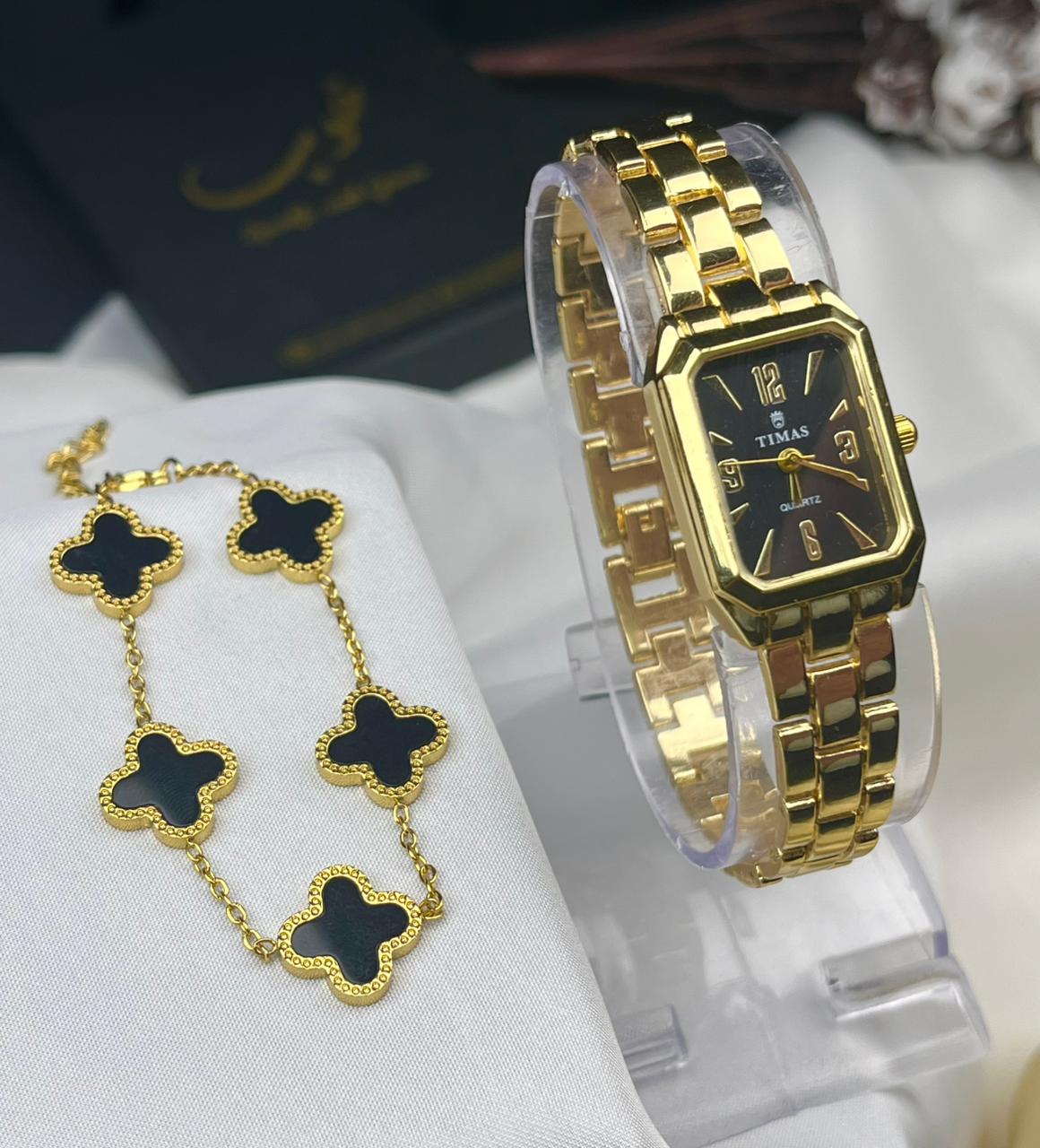 TIMAS Iconic Watch-Golden With Black Clover Bracelet