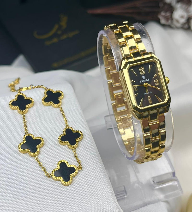 TIMAS Iconic Watch-Golden With Black Clover Bracelet