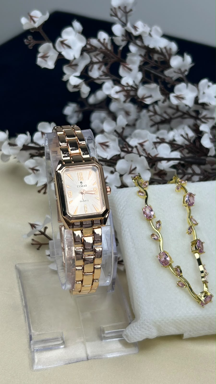 TIMAS Iconic Rose Gold Watch with Tulip Bracelet